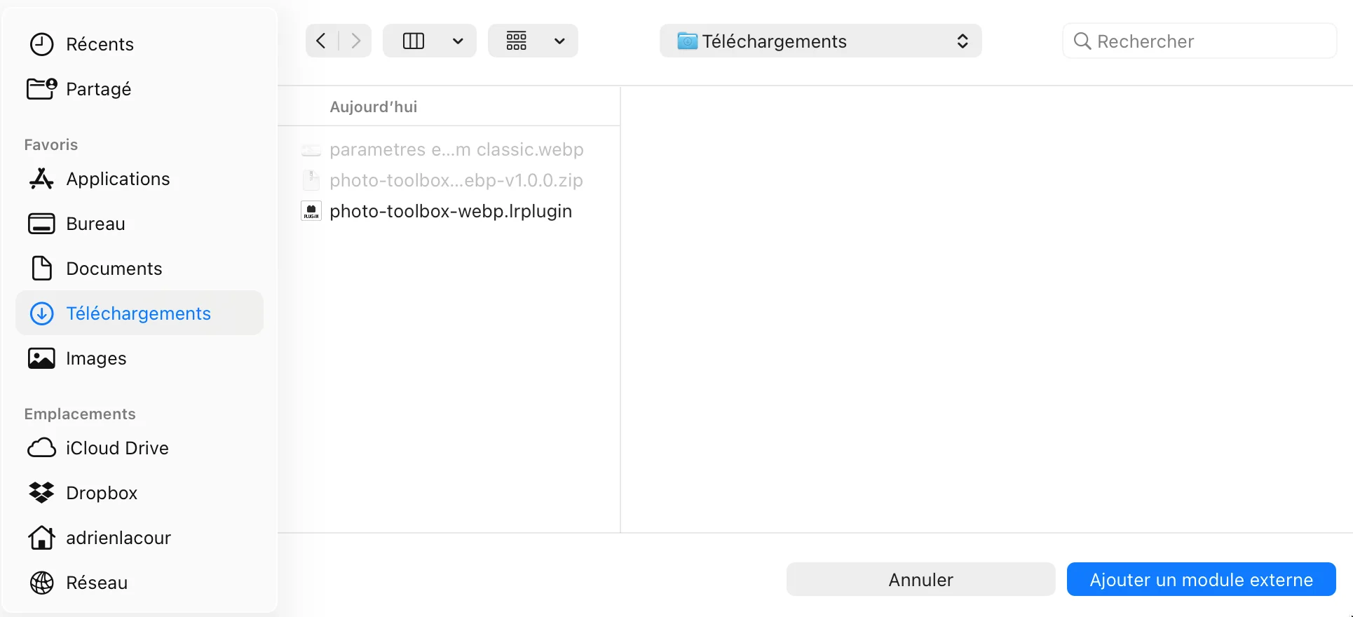 Boîte de dialogue d'ajout de module externe dans Lightroom Classic pour installer le plugin WebP